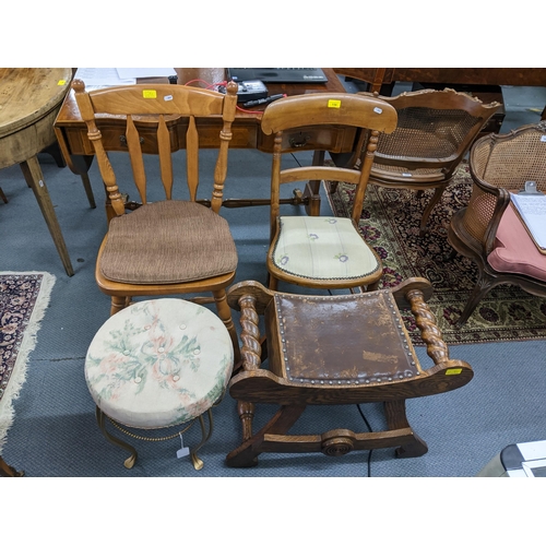 156 - Mixed furniture to include an oak stool with barley twist supports, French gilt stool and two chairs... 