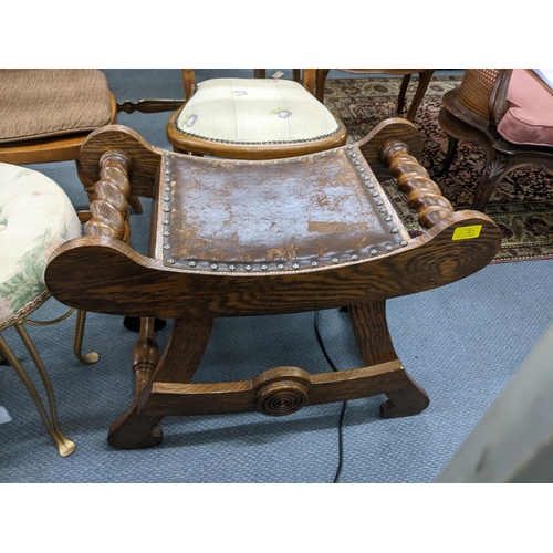 156 - Mixed furniture to include an oak stool with barley twist supports, French gilt stool and two chairs... 