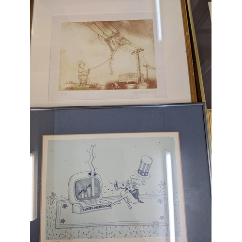 225 - A mixed lot of framed and glazed pictures to include a Ron Cosford watercolour, signed cartoon print... 