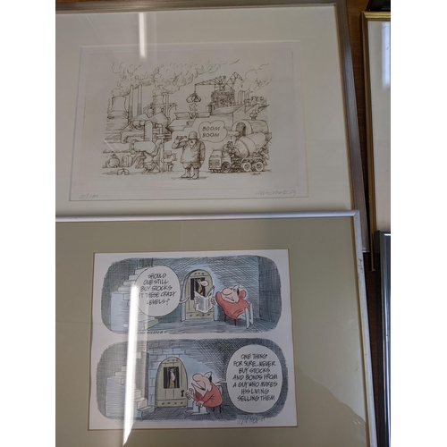 225 - A mixed lot of framed and glazed pictures to include a Ron Cosford watercolour, signed cartoon print... 