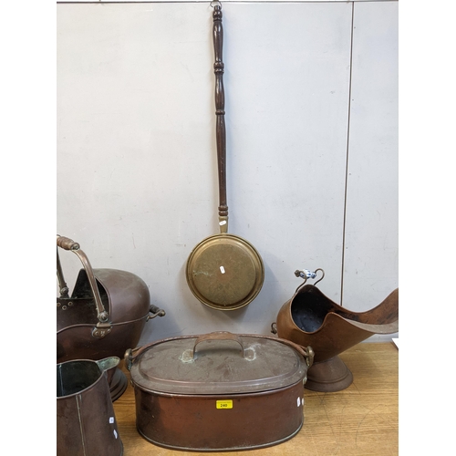 240 - A mixed lot of Victorian and later copper and brassware to include a large oval lidded casserole pot... 