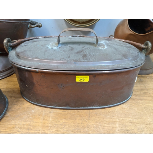 240 - A mixed lot of Victorian and later copper and brassware to include a large oval lidded casserole pot... 