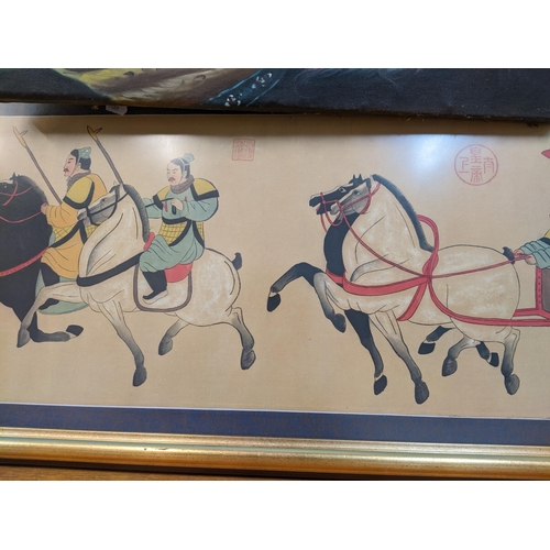 241 - A framed and glazed Chinese print of warriors on horseback with Qiang in hand and on foot, with swor... 