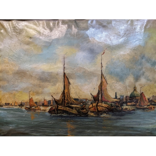 242 - A 20th century Continental harbour scene with many sail boats to the foreground, oil on canvas, unsi... 