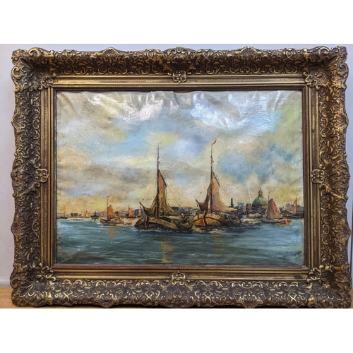 242 - A 20th century Continental harbour scene with many sail boats to the foreground, oil on canvas, unsi... 