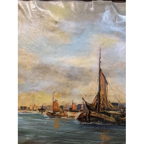 242 - A 20th century Continental harbour scene with many sail boats to the foreground, oil on canvas, unsi... 