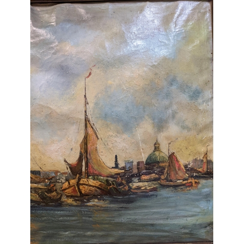 242 - A 20th century Continental harbour scene with many sail boats to the foreground, oil on canvas, unsi... 