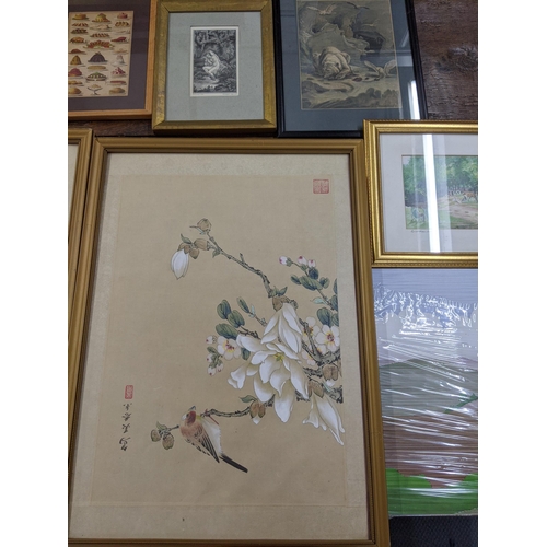 279 - Framed and glazed prints to include three food related prints, three oriental paintings on silk depi... 