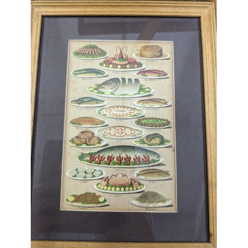 279 - Framed and glazed prints to include three food related prints, three oriental paintings on silk depi... 