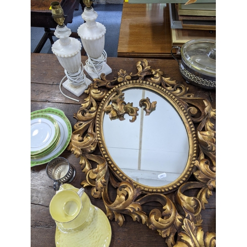 280 - A mixed lot to include two mirrors,  to include a gilt wood carved mirror, a pair of marble lamps, C... 