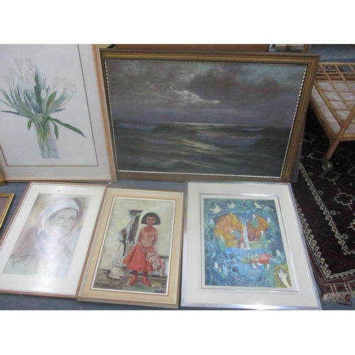 30 - Mixed pictures to include an oil on canvas seascape, indistinctly signed, together with an Abigail S... 