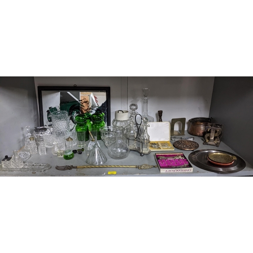 342 - A quantity of cut table glass, mixed metalware, and a framed pub mirror depicting a vintage car, to ... 