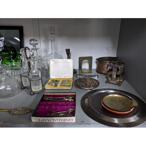 342 - A quantity of cut table glass, mixed metalware, and a framed pub mirror depicting a vintage car, to ... 