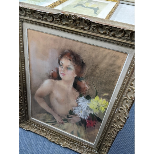 393 - Mixed pictures to include a pastel portrait of a topless female, signed to the lower right corner, t... 