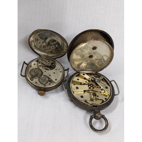 399 - Two silver cased wrist watches, trench watches, Tate Victorian fob watch converted to a wristwatch h... 