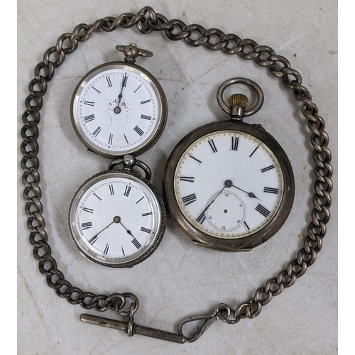 400 - An early 20th century silver pocket watch together with two silver fob watches and a silver chain
Lo... 