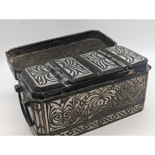 407 - A late 19th/early 20th century bronze and silver coloured inlay Philippines betel leaf box A/F 7.3cm... 