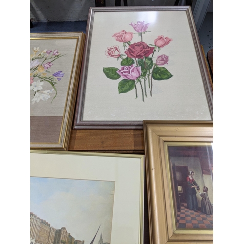 416 - A mixed lot of framed and glazed pictures to include floral tapestries, prints to include 'Dormitory... 