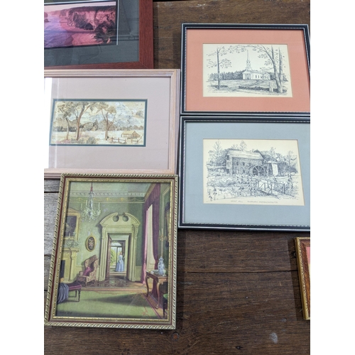 416 - A mixed lot of framed and glazed pictures to include floral tapestries, prints to include 'Dormitory... 