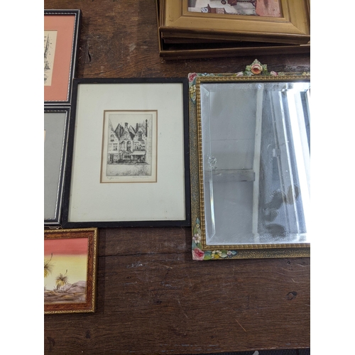 416 - A mixed lot of framed and glazed pictures to include floral tapestries, prints to include 'Dormitory... 