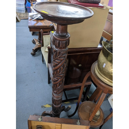 435 - A mixed lot to include an Edwardian plant stand, torchère stand with a carved column, coal Purdonium... 