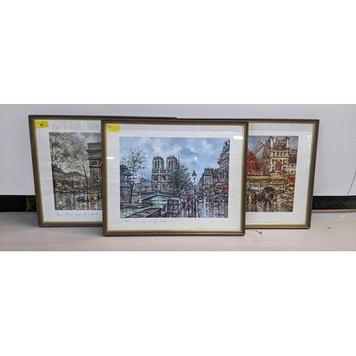 80 - Three prints of Parisian Street scenes to include Les quais  et Notre Dame, Moulin Rouge, and Champs... 