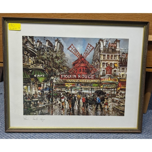 80 - Three prints of Parisian Street scenes to include Les quais  et Notre Dame, Moulin Rouge, and Champs... 