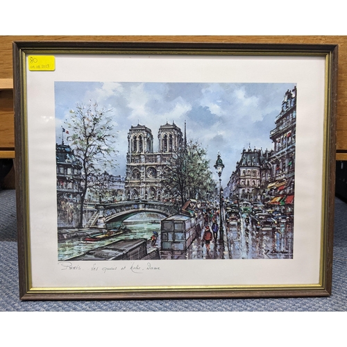 80 - Three prints of Parisian Street scenes to include Les quais  et Notre Dame, Moulin Rouge, and Champs... 