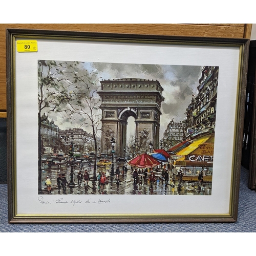 80 - Three prints of Parisian Street scenes to include Les quais  et Notre Dame, Moulin Rouge, and Champs... 