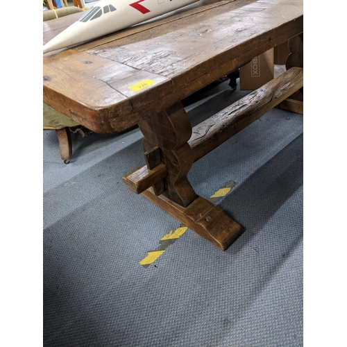 228 - A trestle end dining table with three plank top,  dining table 71cm x 183cm x 74cm 
Location: A4B