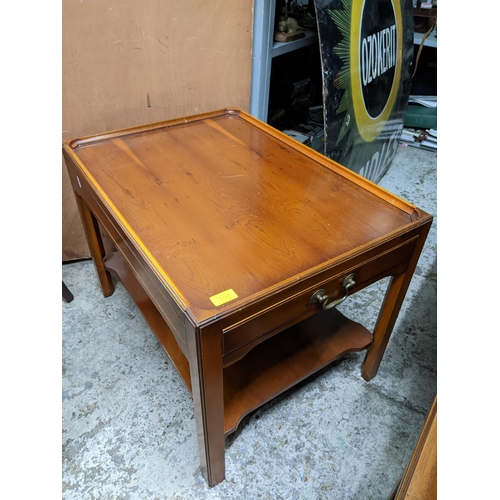 349 - A pair of Bevan and Funnel yew wood lamp tables, one side drawer and one blind drawer, square legs u... 