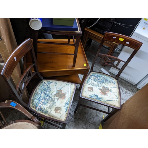 353 - Three late Victorian mahogany side chairs, pierced central splat, inlaid decoration, upholstered sea... 