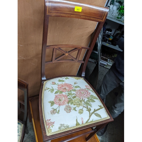 353 - Three late Victorian mahogany side chairs, pierced central splat, inlaid decoration, upholstered sea... 