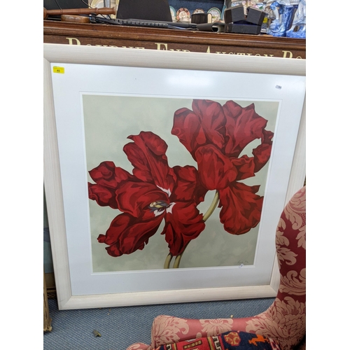 40 - A large limited edition print of two red flowers, indistinctly signed, 80cm x 75 cm (framed 116cm x ... 