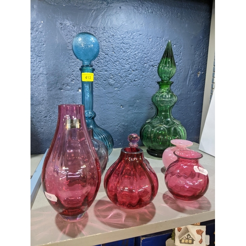 412 - Glassware and crystal to include Cranberry Darington crystal, an Italian Green Art Glass bubble deca... 