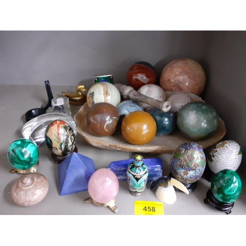 458 - A quantity of stone ornamental eggs and balls together with a stone dish, mixed ornamental egg stand... 