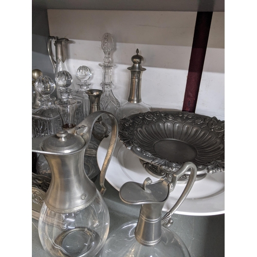 54 - A mixed lot of glassware and ceramics, and pewter ware to include a Victorian amber glass sherry dec... 