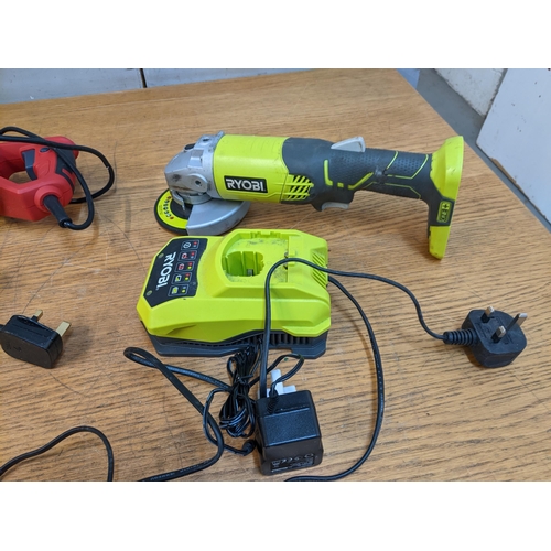 297 - A group of power tools to include a Ryobi 18-volt angle grinder with accessories, in a bag, an Evolu... 