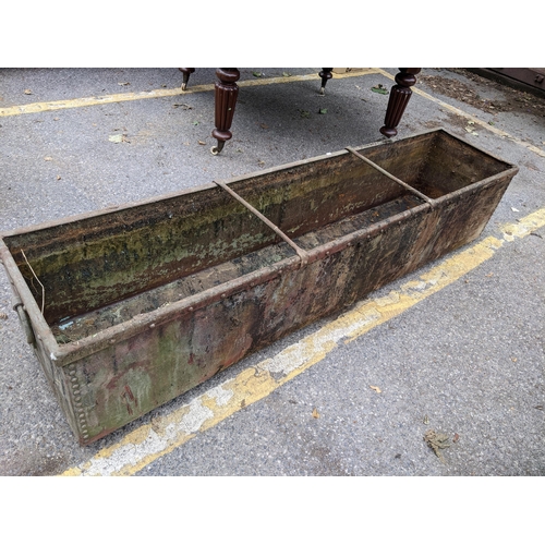 370 - A 19th century galvanised garden trough having ring handles and metal bound studs, 45.5cm h x 213cm ... 