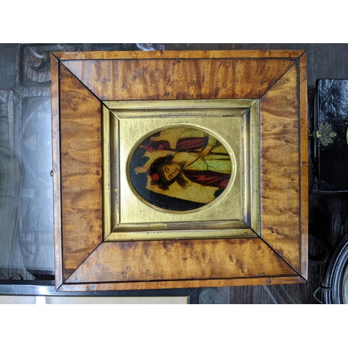 373 - A group of three framed Victorian pot lids, a silhouette portrait of a gentleman, reverse painted pi... 