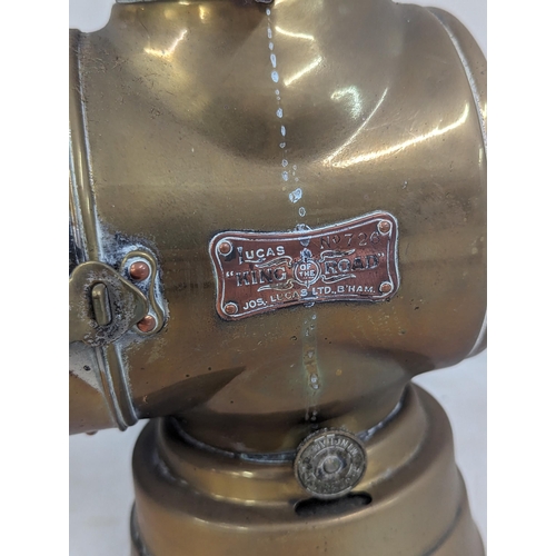 409 - A vintage Lucas 'King of the Road' brass side lamp, having copper plate stamped no 726, approx 27cm ... 