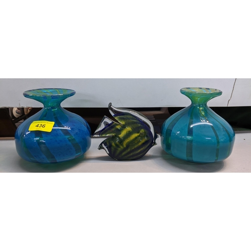 436 - Nine pieces of Mdina glass to include a blue and green vase with a swirling design and a flared rim ... 