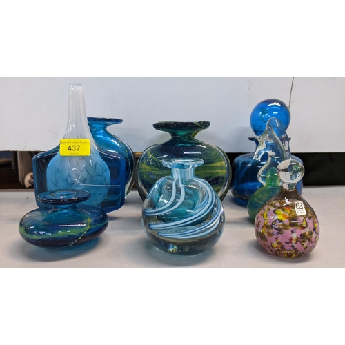 437 - Nine pieces of Mdina glass to include a blue and white fish vase and a green seahorse paperweight (b... 