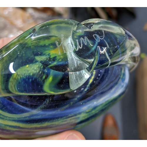 437 - Nine pieces of Mdina glass to include a blue and white fish vase and a green seahorse paperweight (b... 