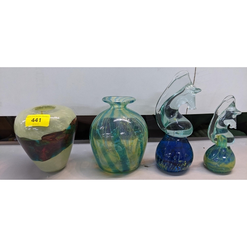 441 - Seven pieces of Mdina glass to include Vaseline and brown Strata vase (signed Mdina) also to include... 