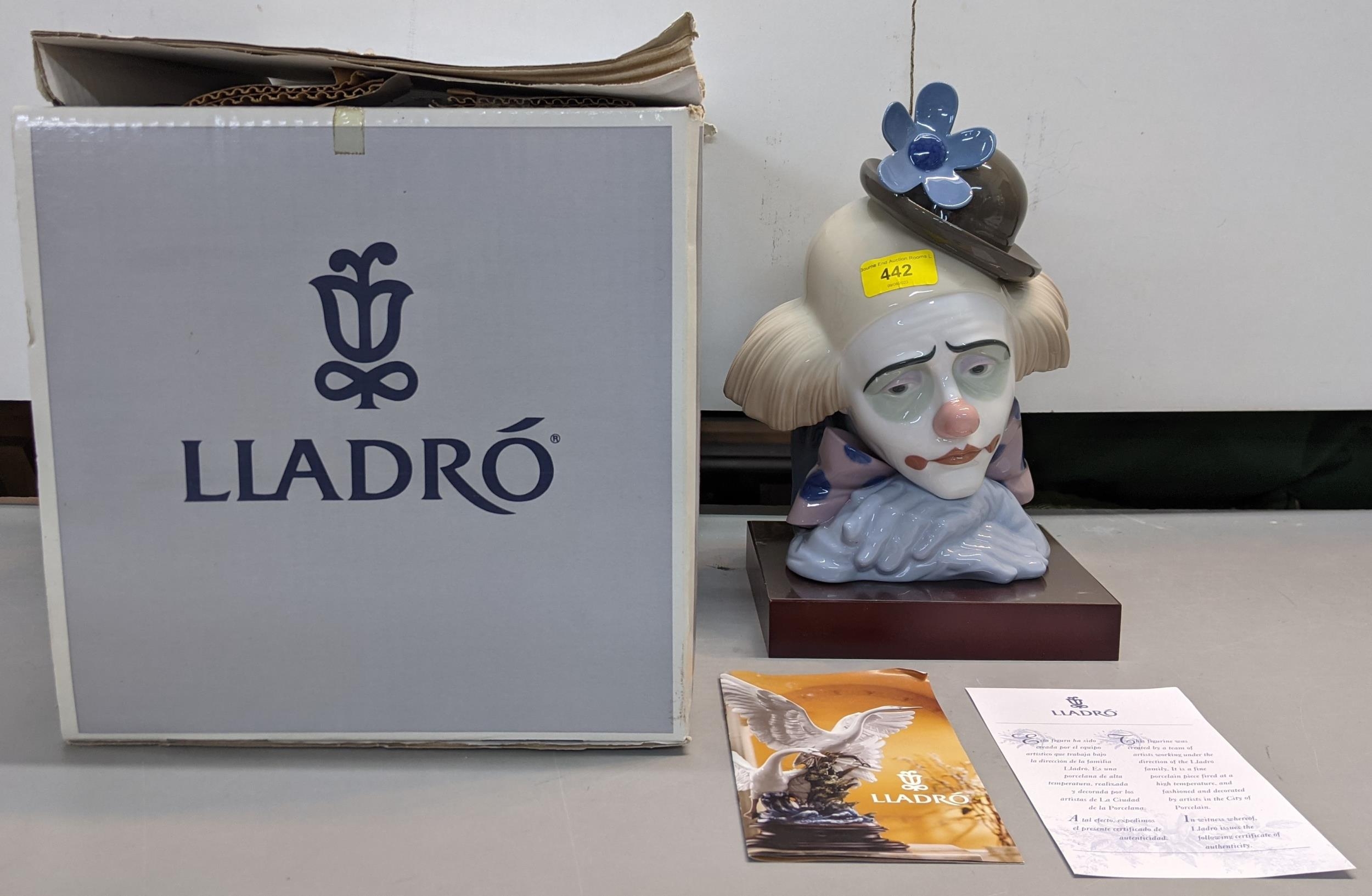 A Lladro sad clown head figurine with original box, number 5130