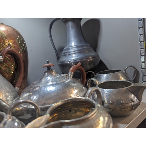 450 - Arts & Crafts pewter tea set comprising tea part, milk jug and sugar and others along with a copper ... 