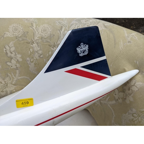 459 - A large travel agents advertising fiberglass model of a British Airways Concorde, 170cm long, on a s... 