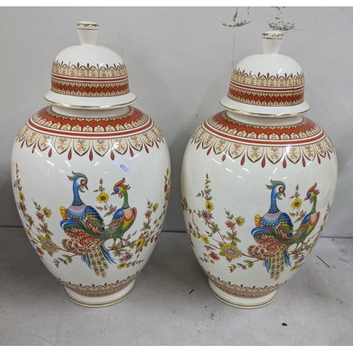 480 - A pair of Bohemian vases with peacock decoration, 40cm h Location: RAB