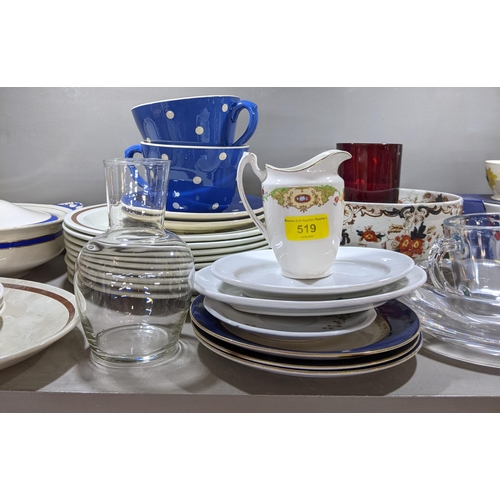 519 - Mixed china and ceramics and tableware to include Staffordshire Midwinter pattern, Sandygate pottery... 